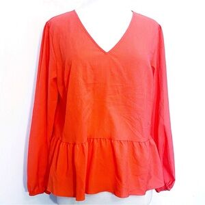 Nine West NWT *Coral Color* V-Neck Peplum Lightweight Gauzy Top Blouse L